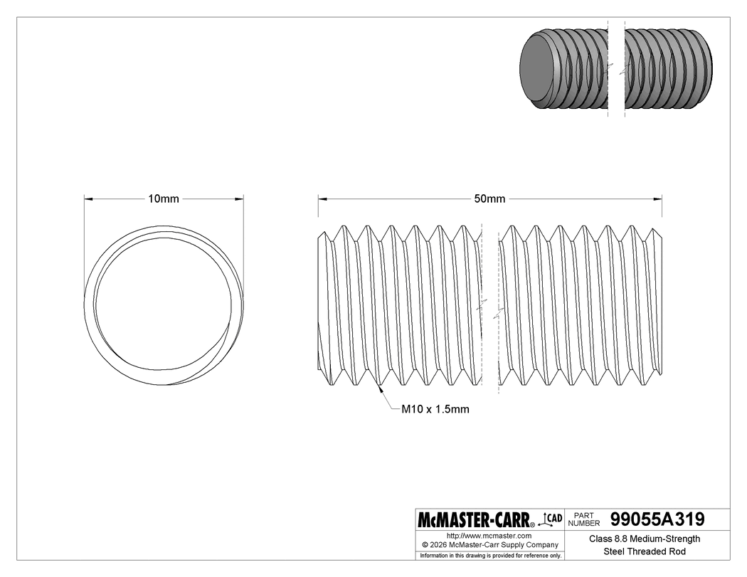 Technical Drawing of Class 8.8 Medium-Strength Steel Threaded Rod, M10 x 1.5 mm Thread Size, 50 mm Long.